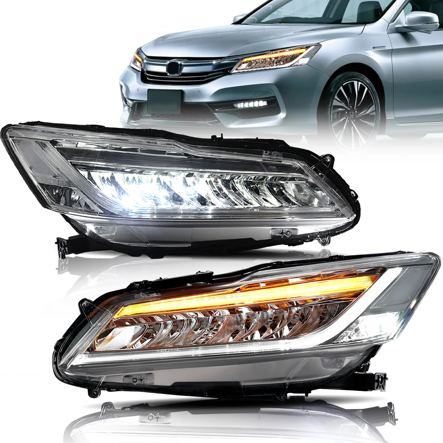 LED Reflector Style Headlight Set with Sequential Turn Signal for 2013-2015 9th Gen Honda Accord